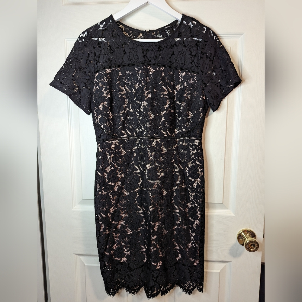 Forever 21 black pencil dress lace over beige lining size large
